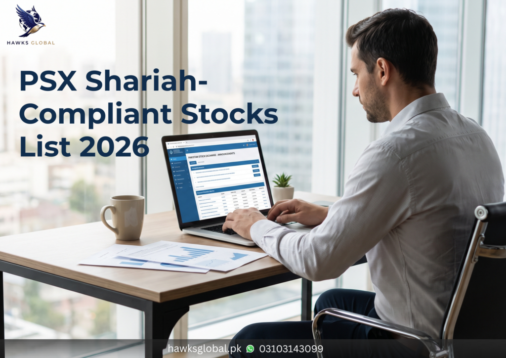 Professional investor viewing the PSX Shariah-Compliant Stocks List 2026 on a laptop, representing halal stock investing on the Pakistan Stock Exchange.