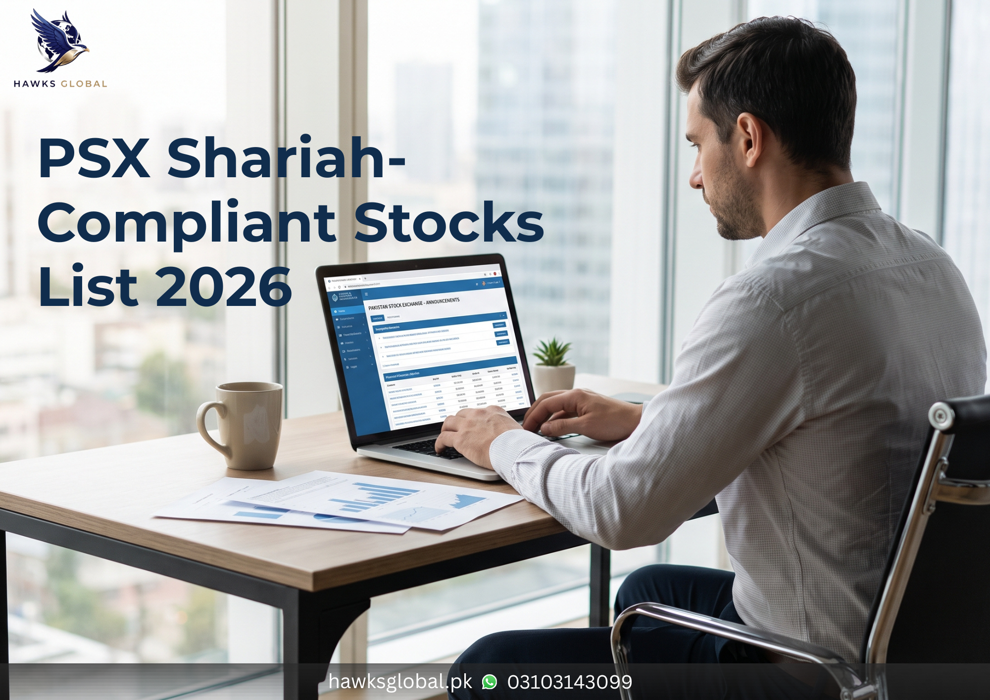 Professional investor viewing the PSX Shariah-Compliant Stocks List 2026 on a laptop, representing halal stock investing on the Pakistan Stock Exchange.